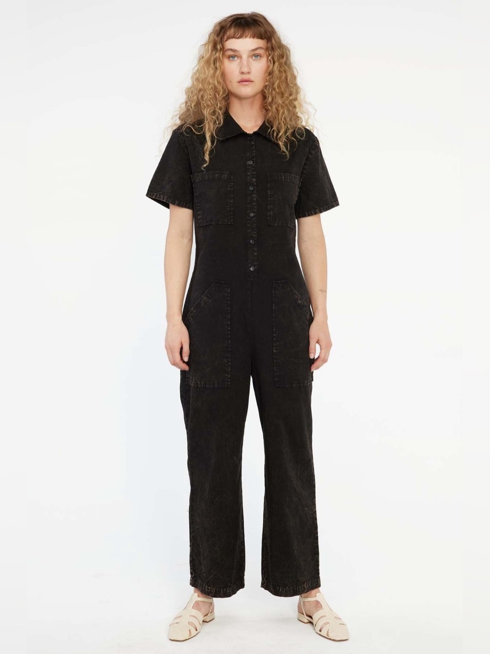 LACAUSA Black washed short sleeve front pockets XS cotton wide leg jumpsuit